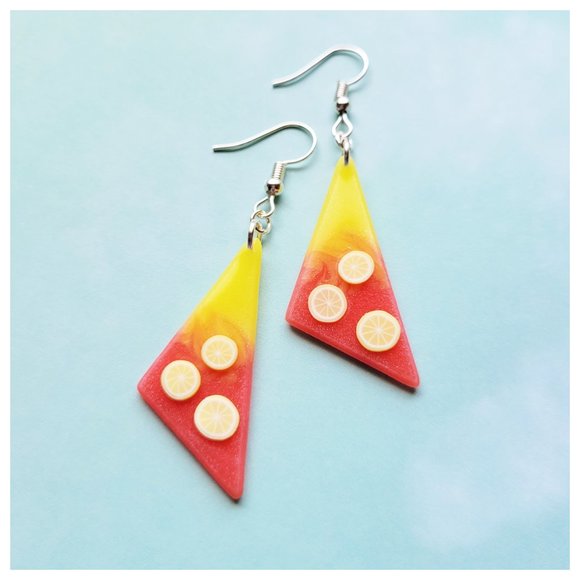 Strawberry Lemonade Earrings Yellow and Pinkish Red Lemon Dangle Earrings - Picture 1 of 10